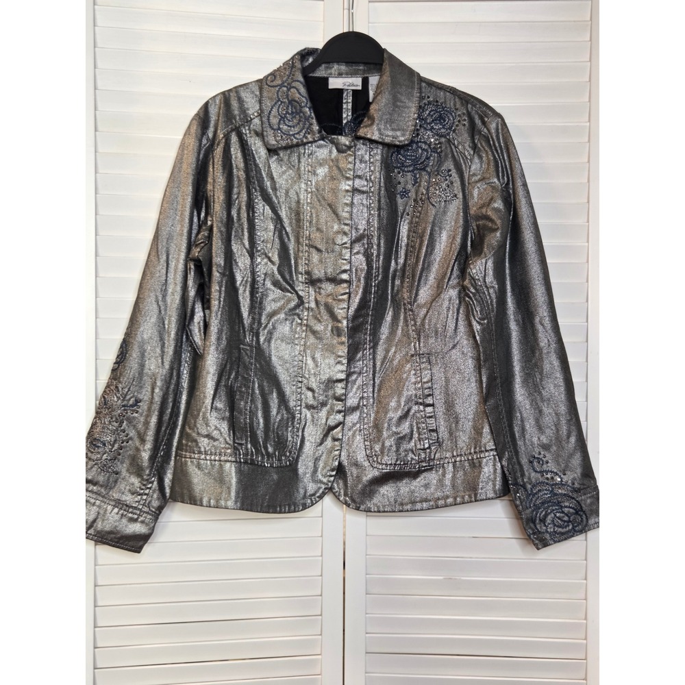 Chicos Platinum Foil Rosettes Denim Jacket Size 2 Grey Wash Metallic Floral Stud